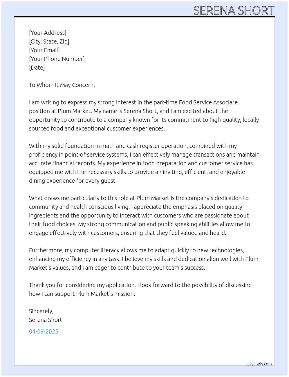 Food Service Associate At Plum Market Cover Letter