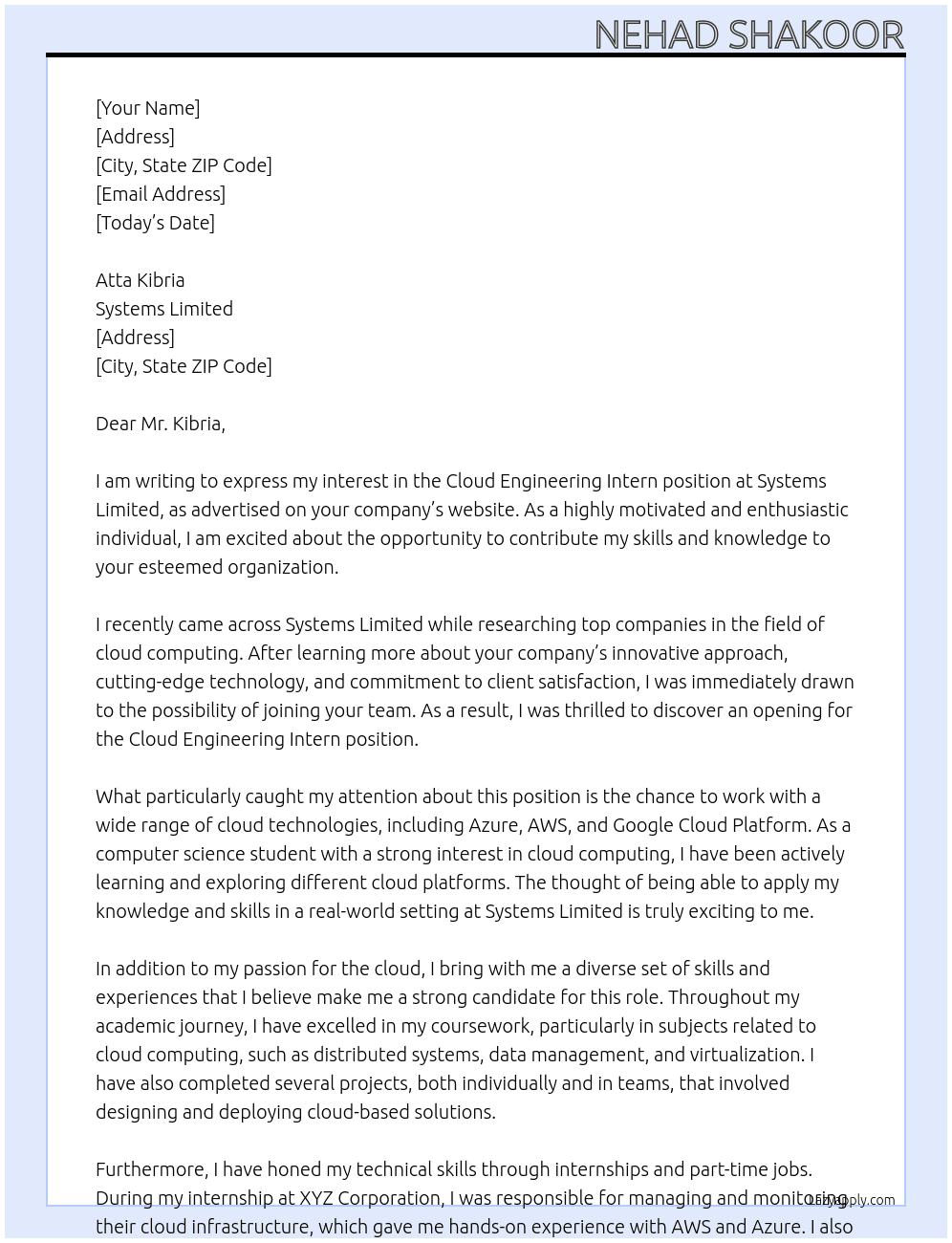 Cloud Engineering Intern At Systems Limited Cover Letter