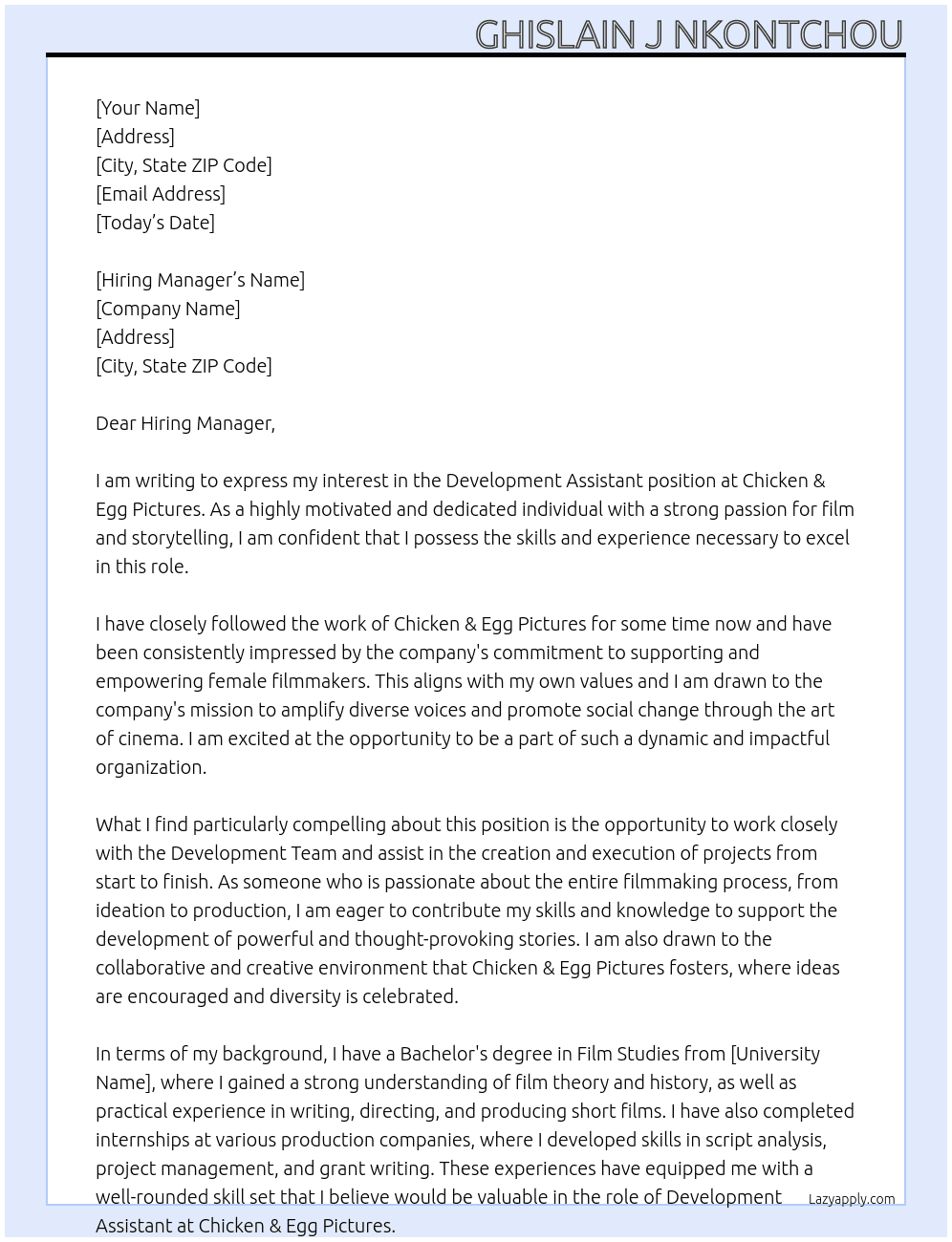Development Assistant At Chicken & Egg Pictures Cover Letter
