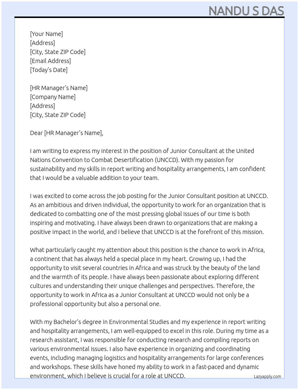 Junior Consultant  At United Nations convention to combat Desertification  Cover Letter
