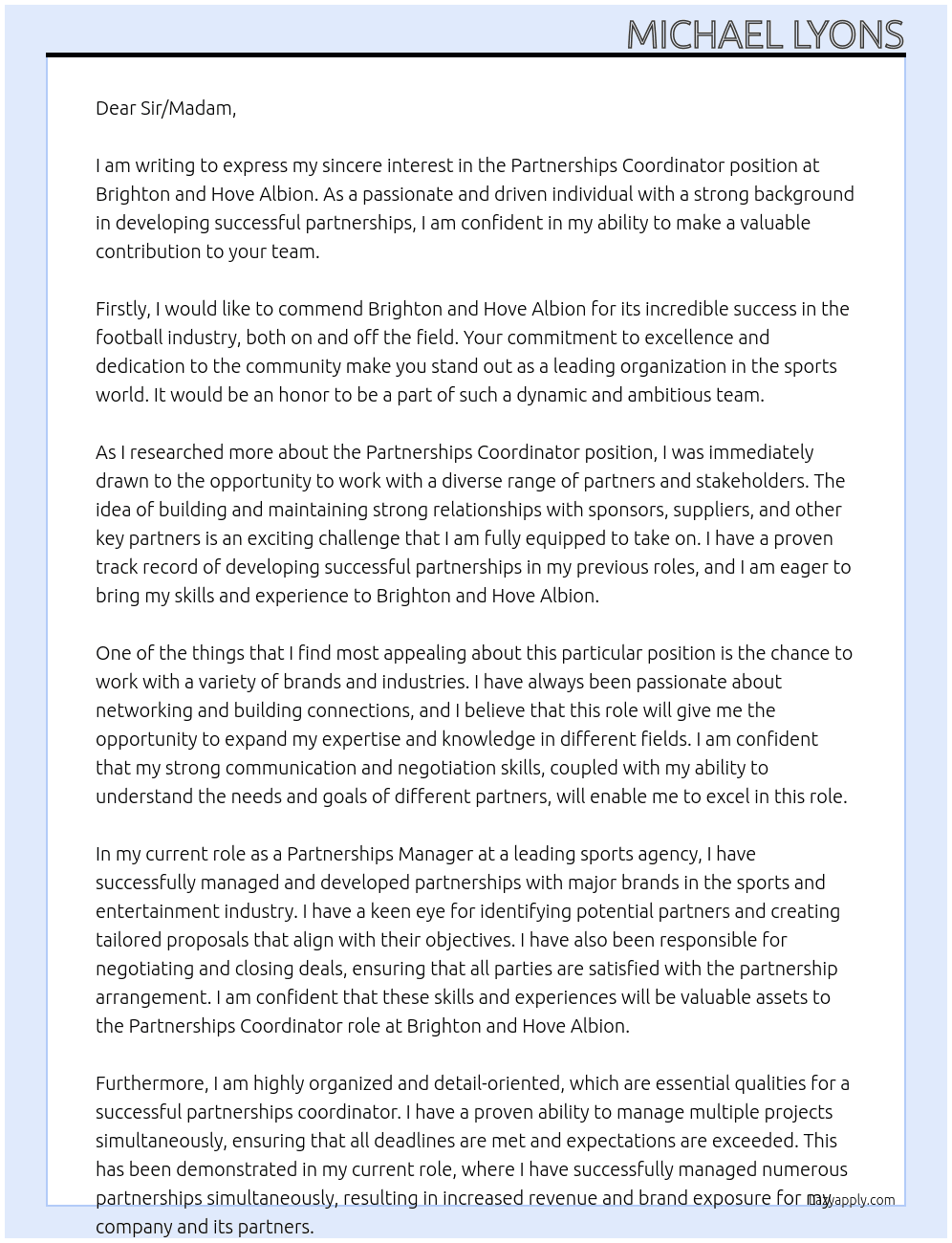 Partnerships Coordinator At Brighton and Hove Albion Cover Letter