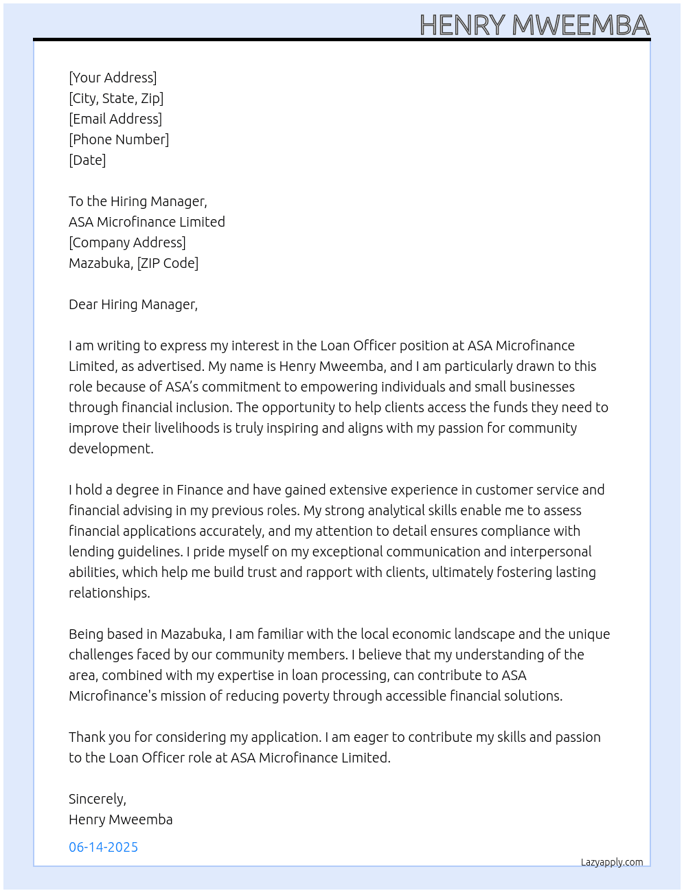 Loan Officer  At ASA microfinance Limited  Cover Letter