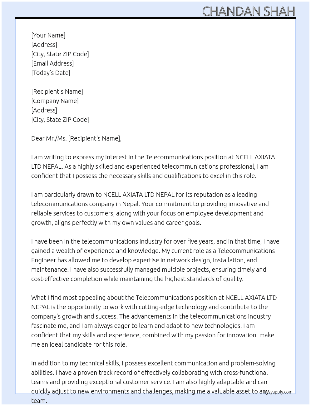 telecommunications  At NCELL AXIATA LTD NEPAL Cover Letter