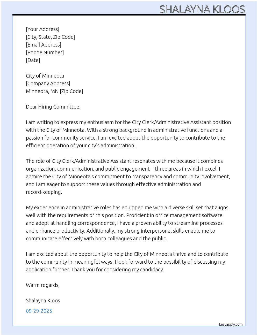 Cover letter for city clerk/administrative assistant - LazyApply