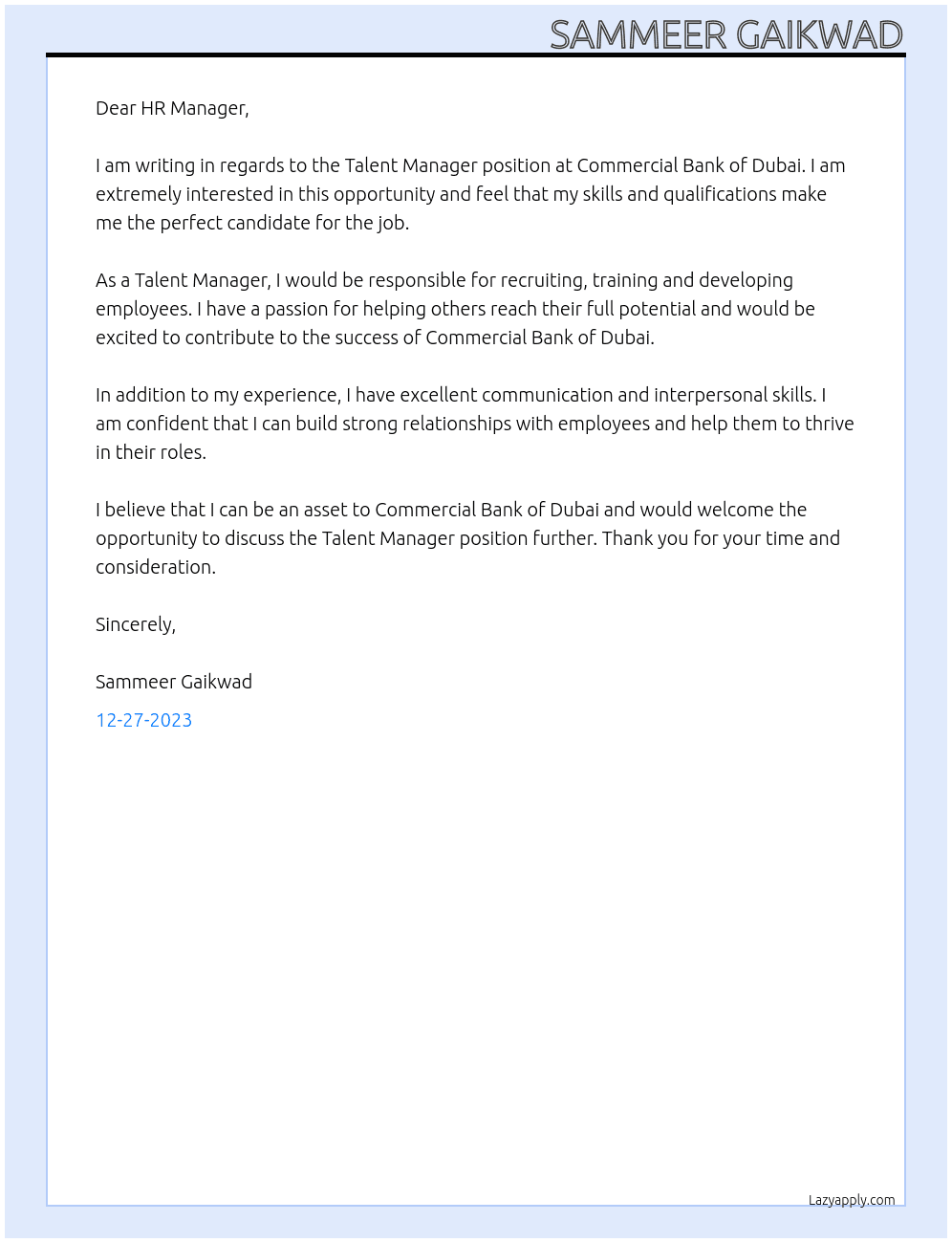 Talent manager At Commercial Bank of Dubai Cover Letter