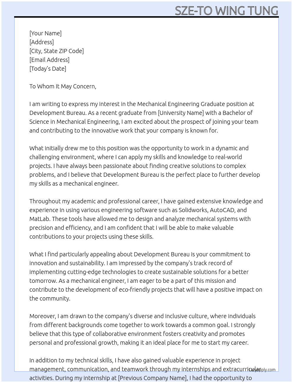 Mechanical Engineering Graduates At Development Bureau Cover Letter