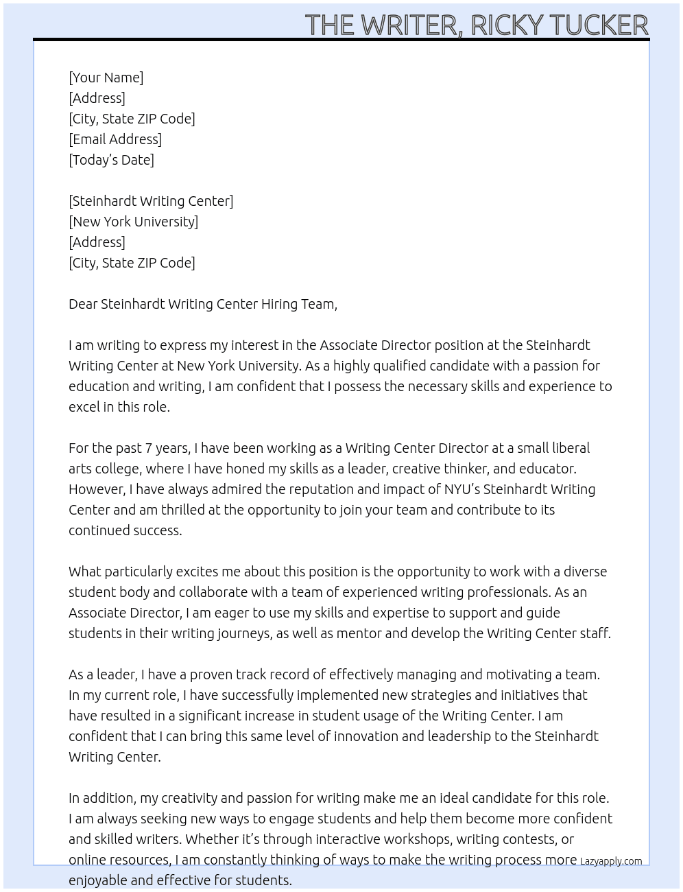 Associate Director  At New York University  Cover Letter