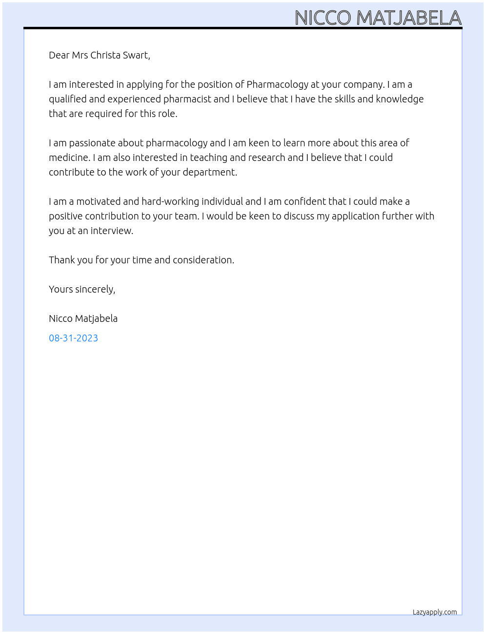 Pharmacology  At Pharmacology  Cover Letter