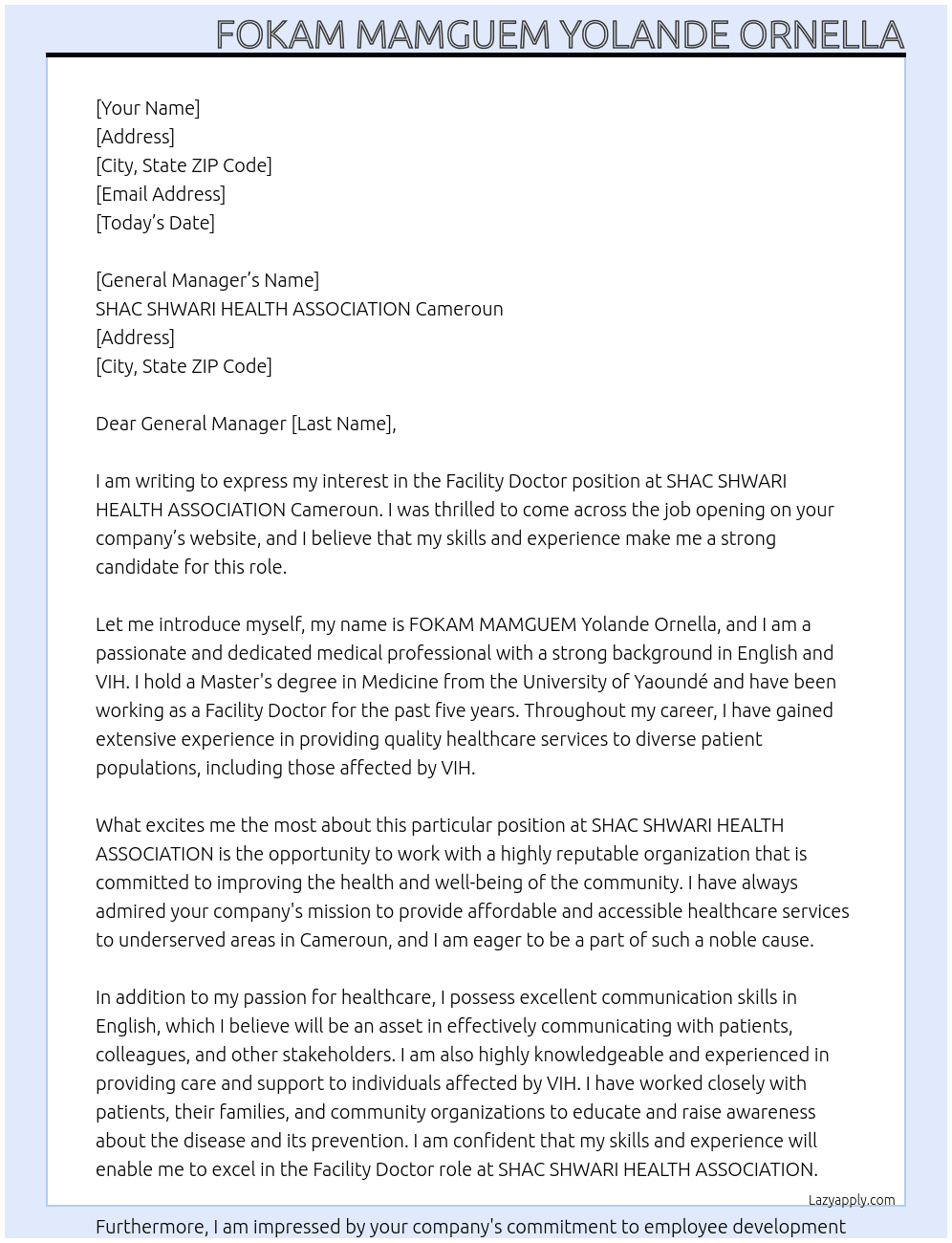 Facility Doctor At SHAC SHWARI HEALTH ASSOCIATION Cameroun Cover Letter