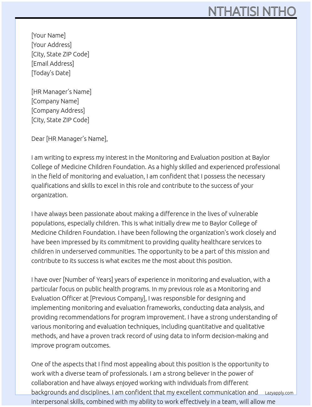 monitoring and evaluation At BAYLOR COLLEGE OF MEDICINE CHILDREN FOUNDATION Cover Letter