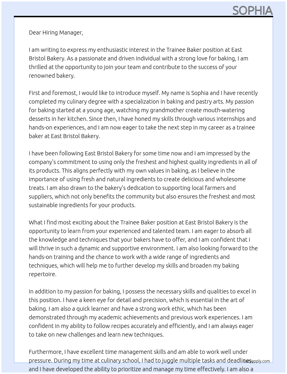 Trainee baker At East Bristol Bakery Cover Letter