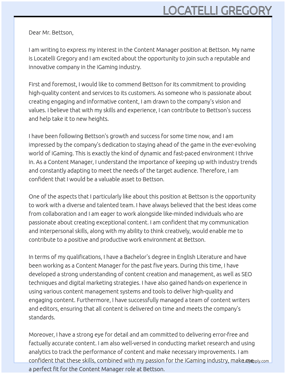 Content Manager At Bettson Cover Letter