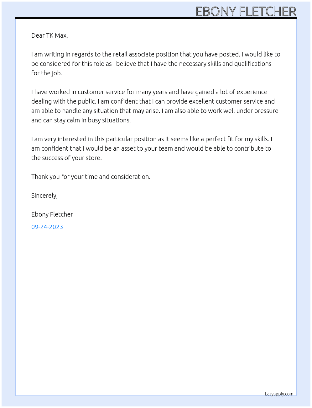 retail associate At TK Max Cover Letter