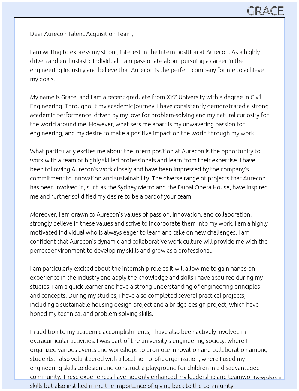 Intern At Aurecon Cover Letter