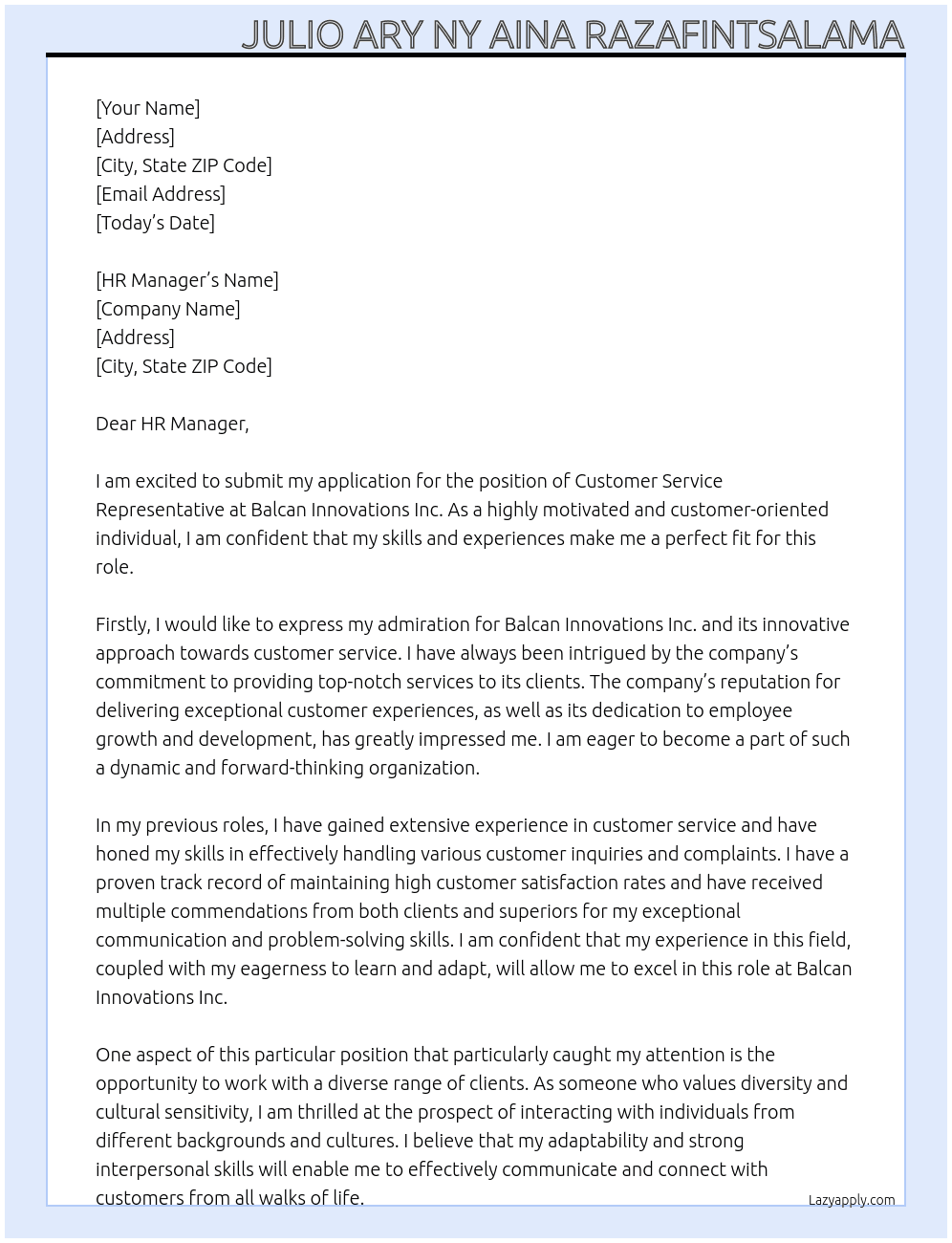 Customer Service Representative At Balcan Innovations Inc. Cover Letter