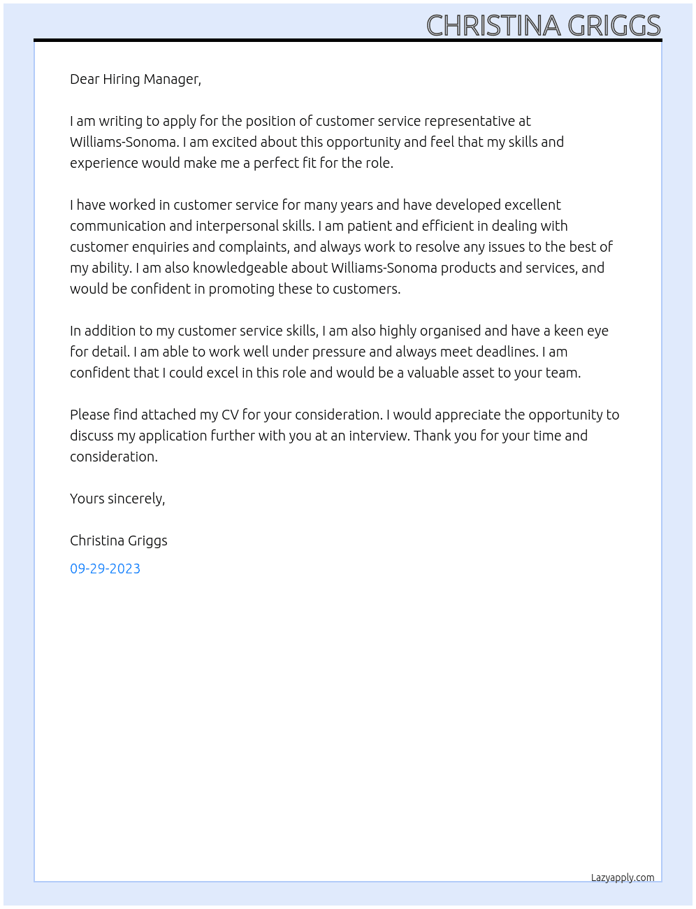 customer service representative At Williams-Sonoma Cover Letter