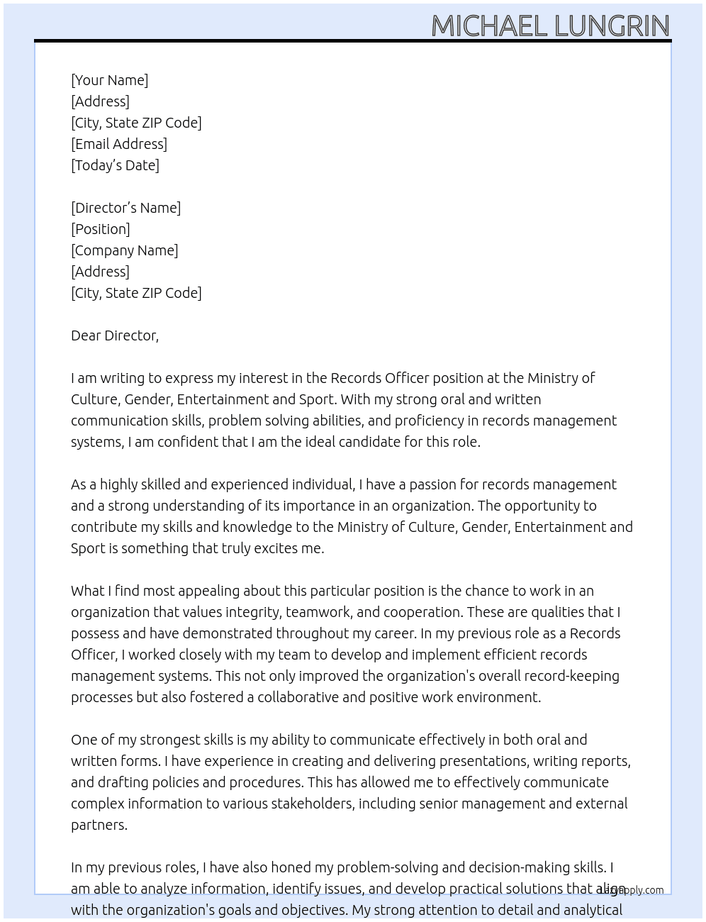Records Officer At  the Ministry of Culture, Gender, Entertainment and Sport Cover Letter