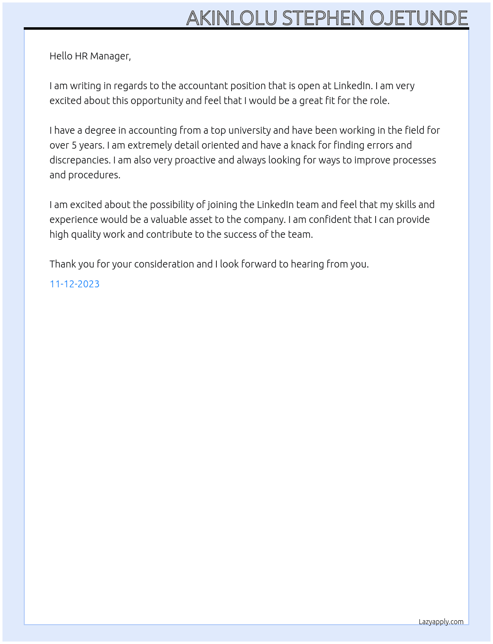 Accountant At LinkedIn Cover Letter