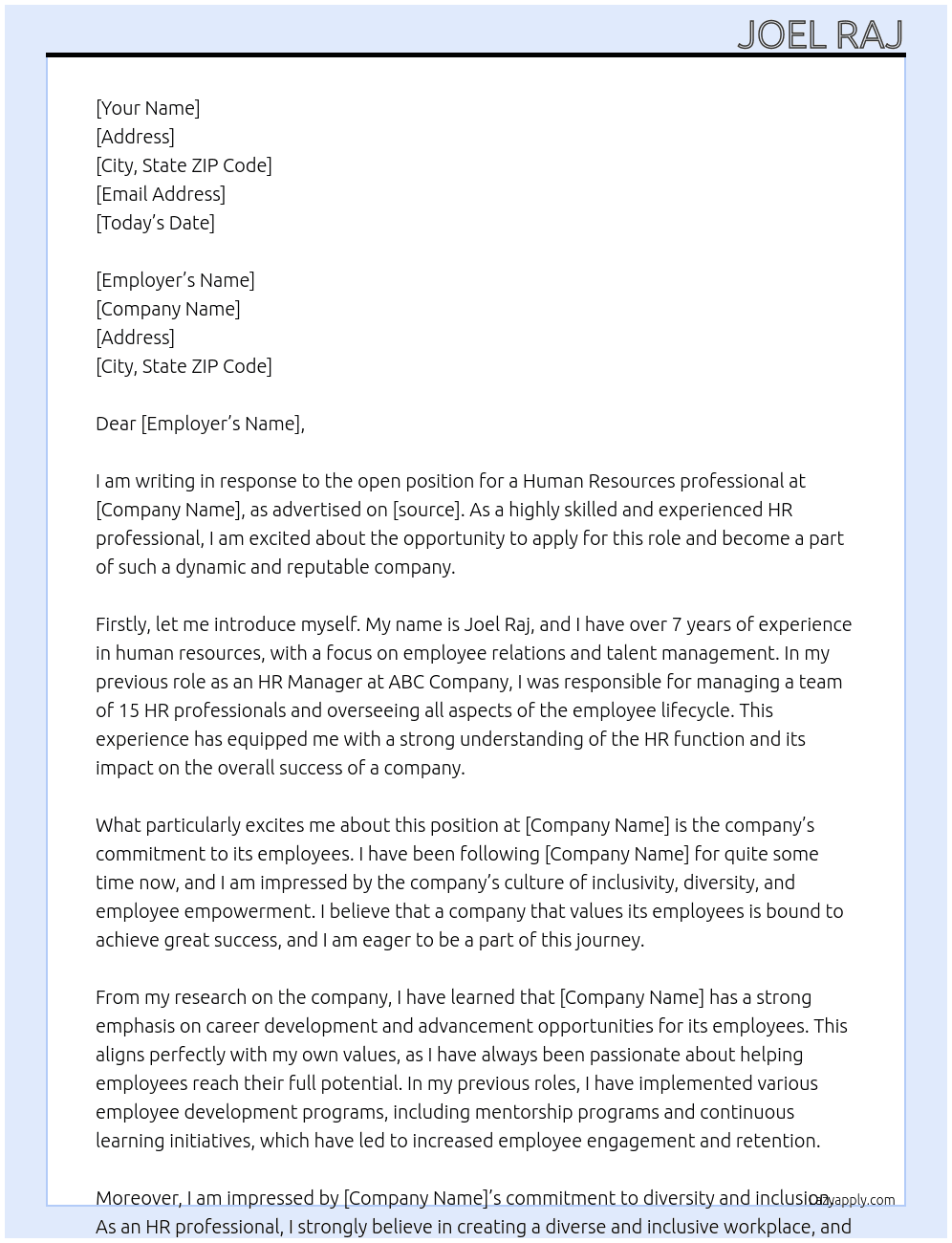 human resources At xyz Cover Letter
