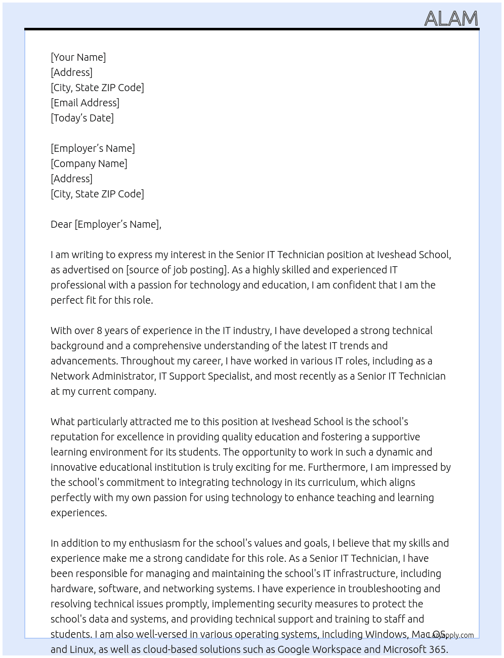 Senior IT Technician At Iveshead School Cover Letter
