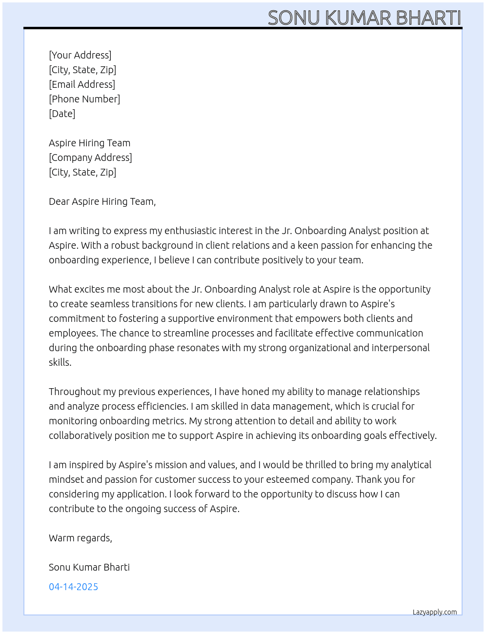 Jr. Onboarding Analyst At Aspire Cover Letter