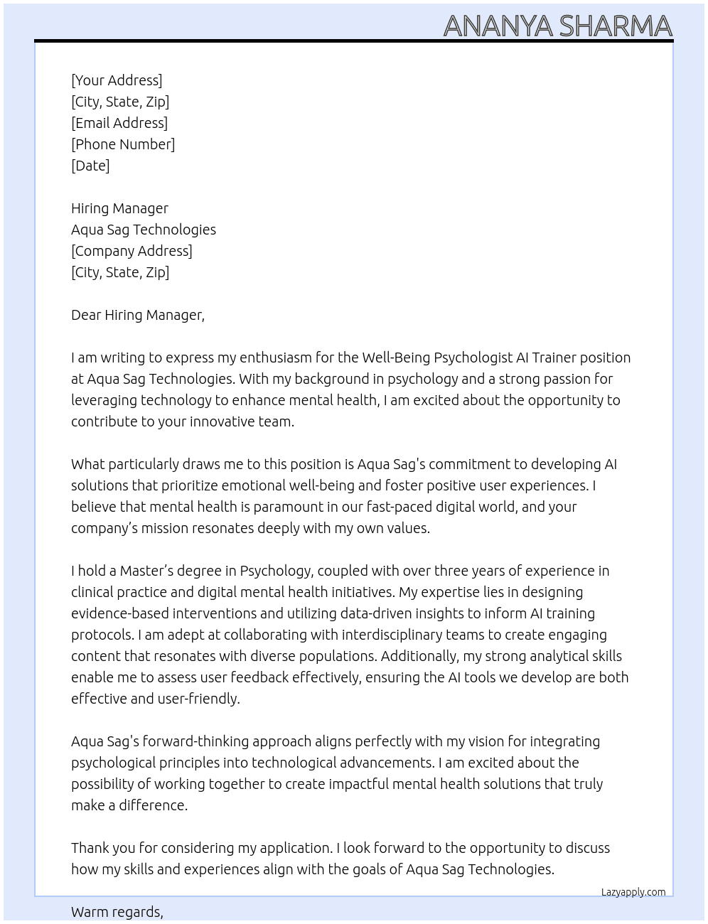  well being psychologist ai trainer At aqua Sag Technologies Cover Letter