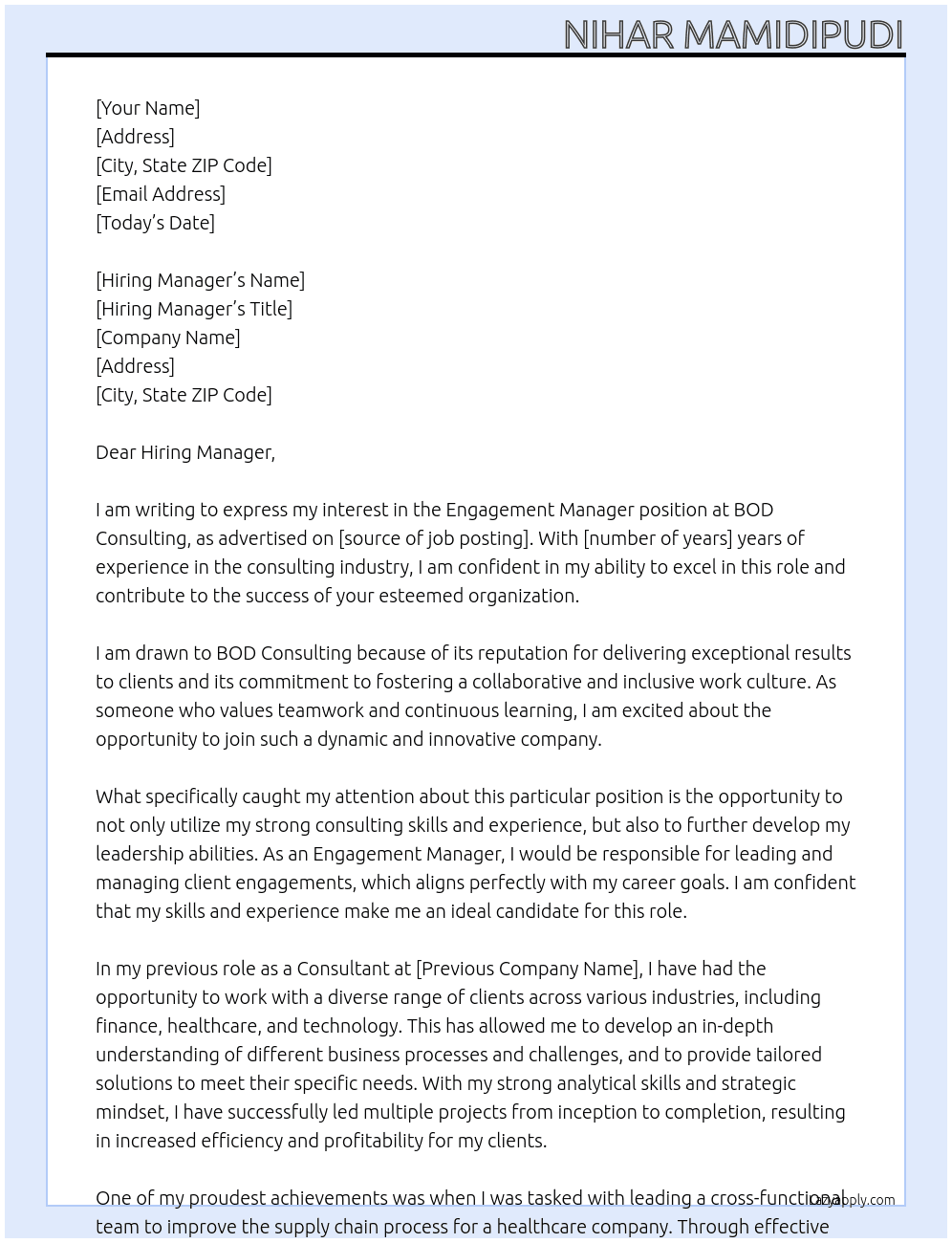 Engagement Manager At BOD Consulting Cover Letter