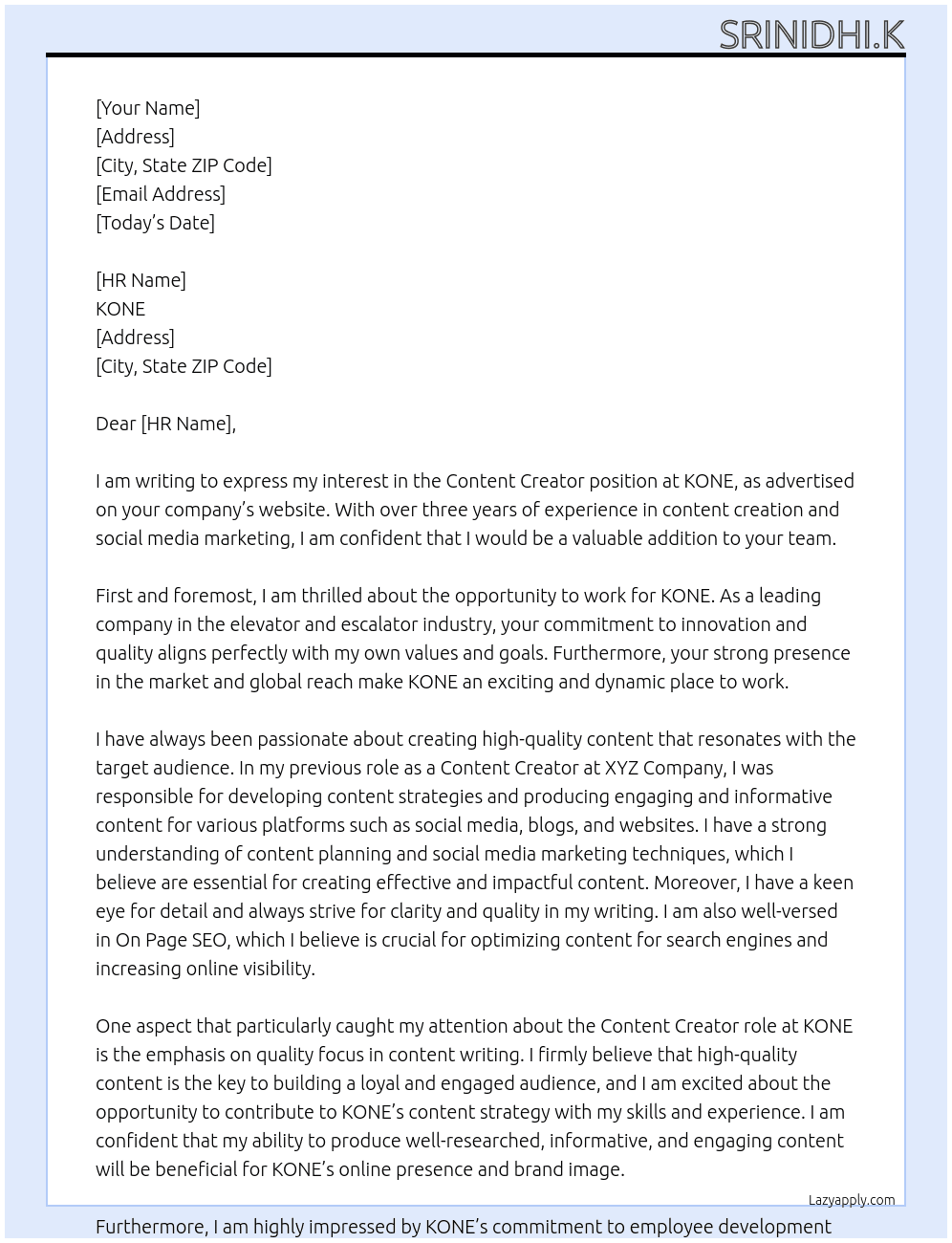 Content creator  At KONE Cover Letter