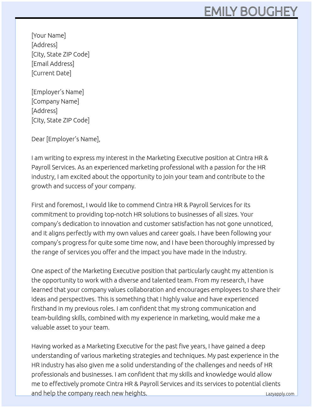 Marketing executive At cintra HR & payroll services Cover Letter