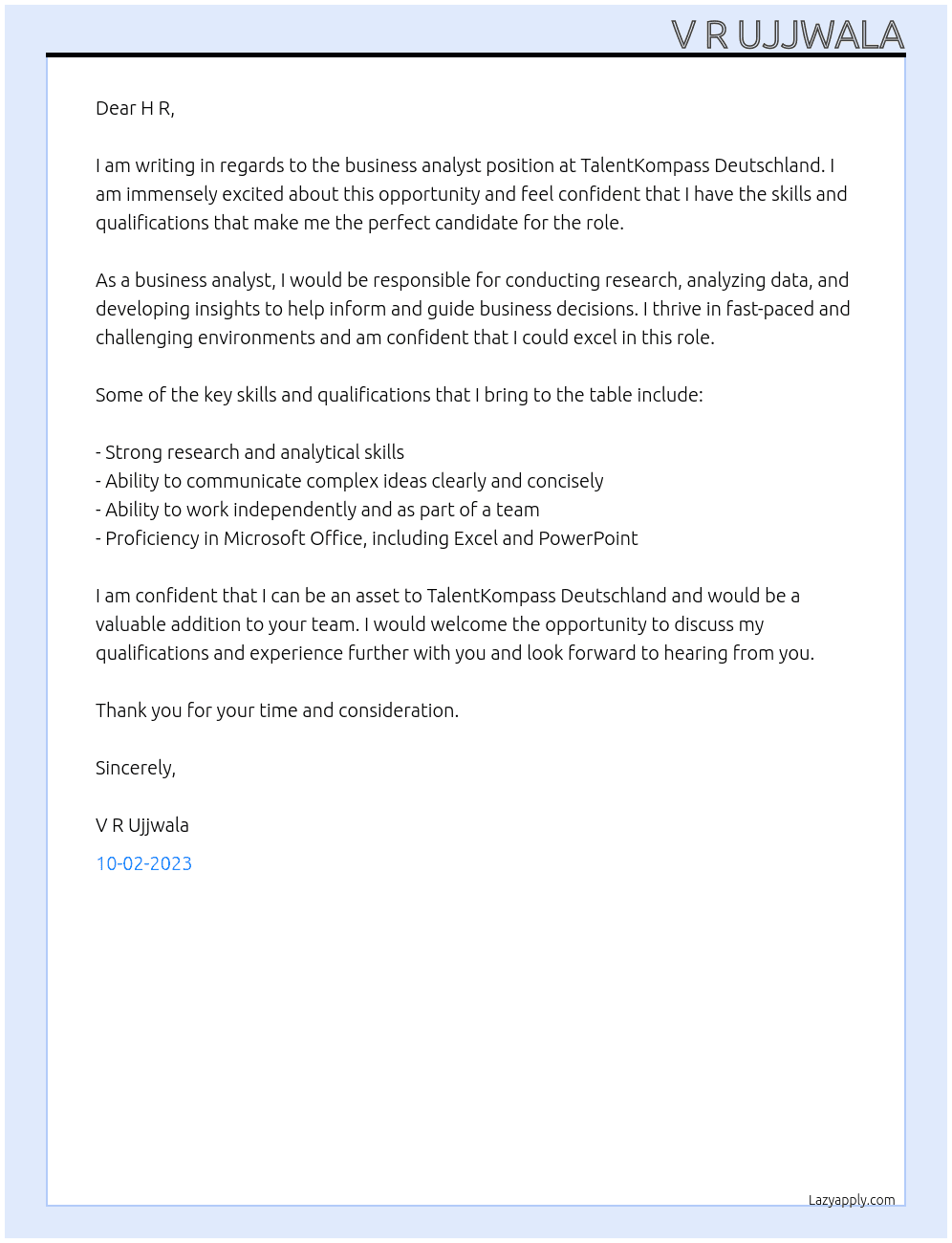 business analyst At TalentKompass Deutschland Cover Letter