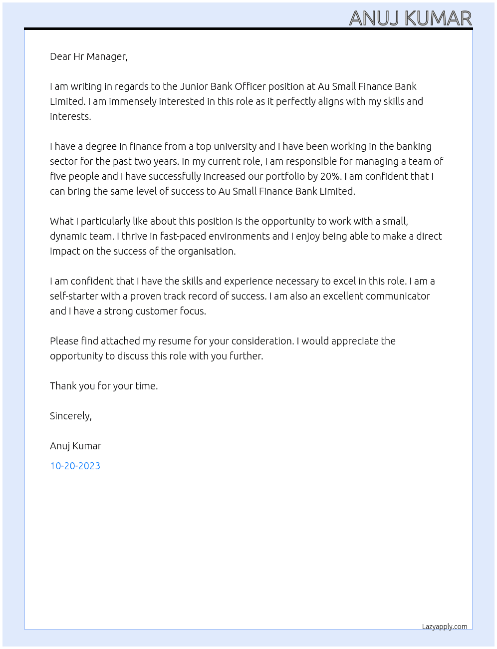 Junior Bank Officer At Au Small Finance Bank Limited. Cover Letter