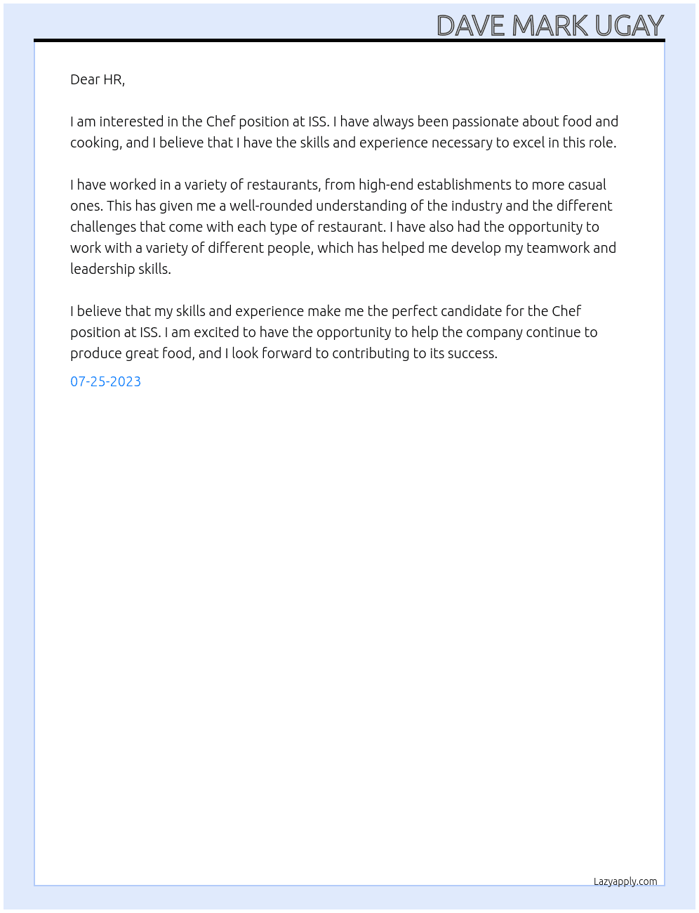 Chef  At ISS Cover Letter