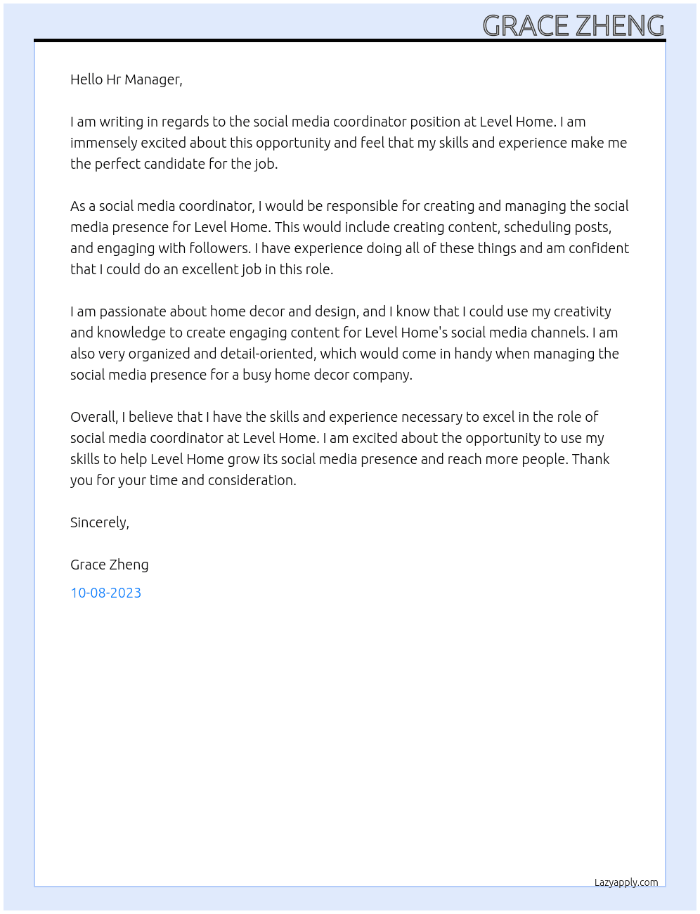 Social Media Coordinator At Level Home Cover Letter