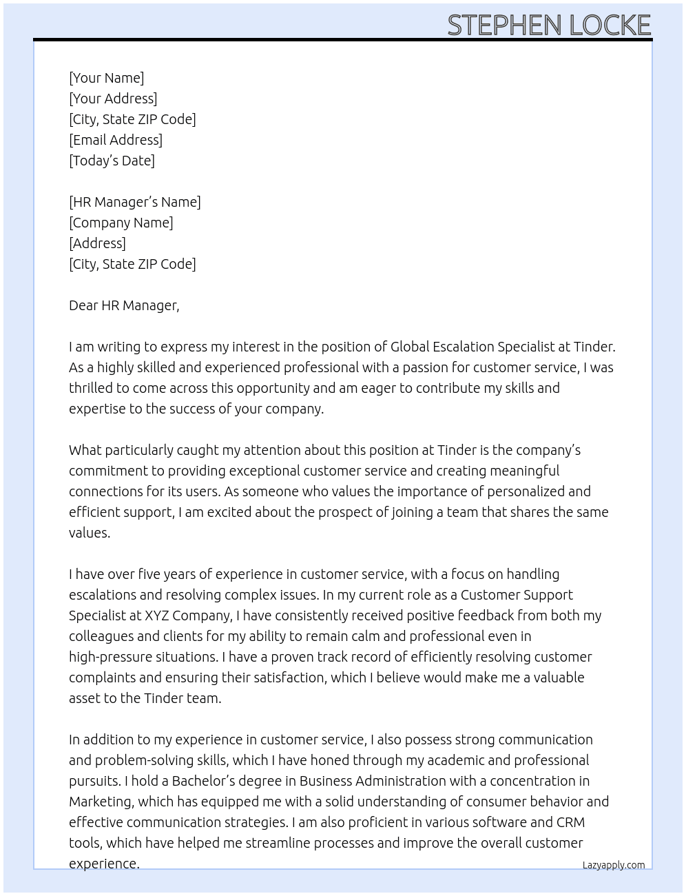 Global escalation specialist At Tinder Cover Letter