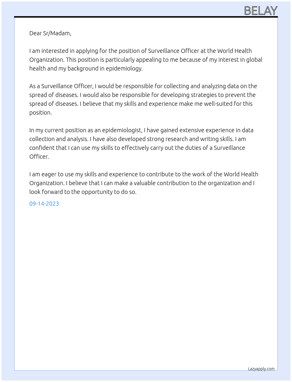 Surveillance officer At World Health Organization Cover Letter
