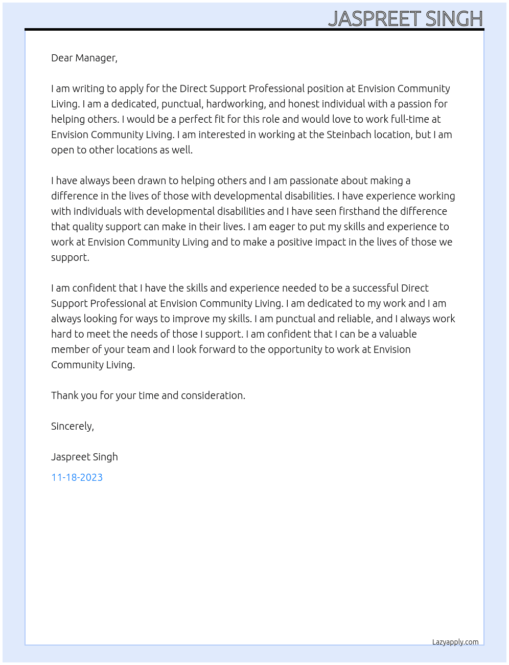 Direct support professional At Envision community living Cover Letter