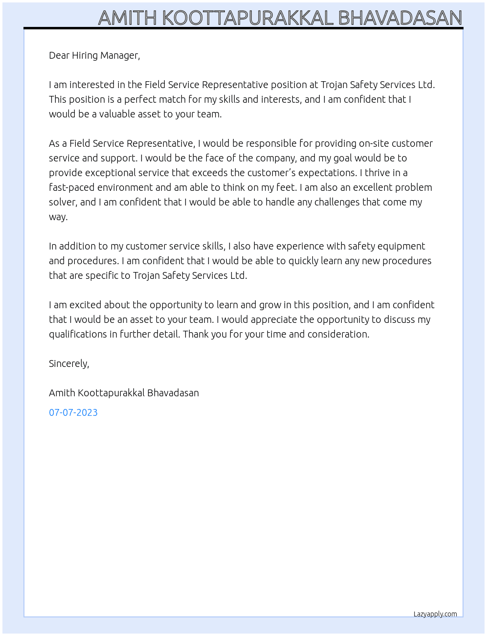 Field Service Representative At Trojan Safety Services Ltd Cover Letter