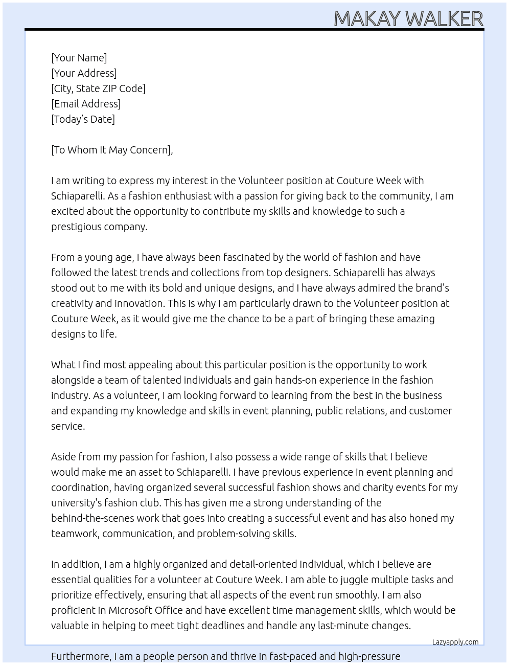 Volunteer at couture week  At Schiaparelli  Cover Letter