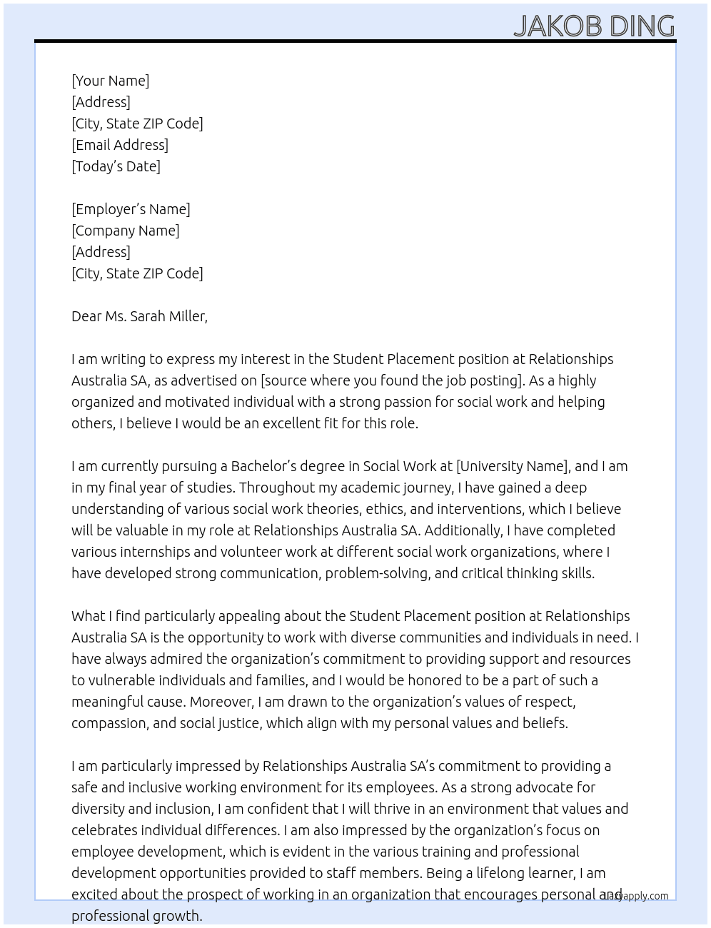 Student Placement At Relationships Australia SA Cover Letter