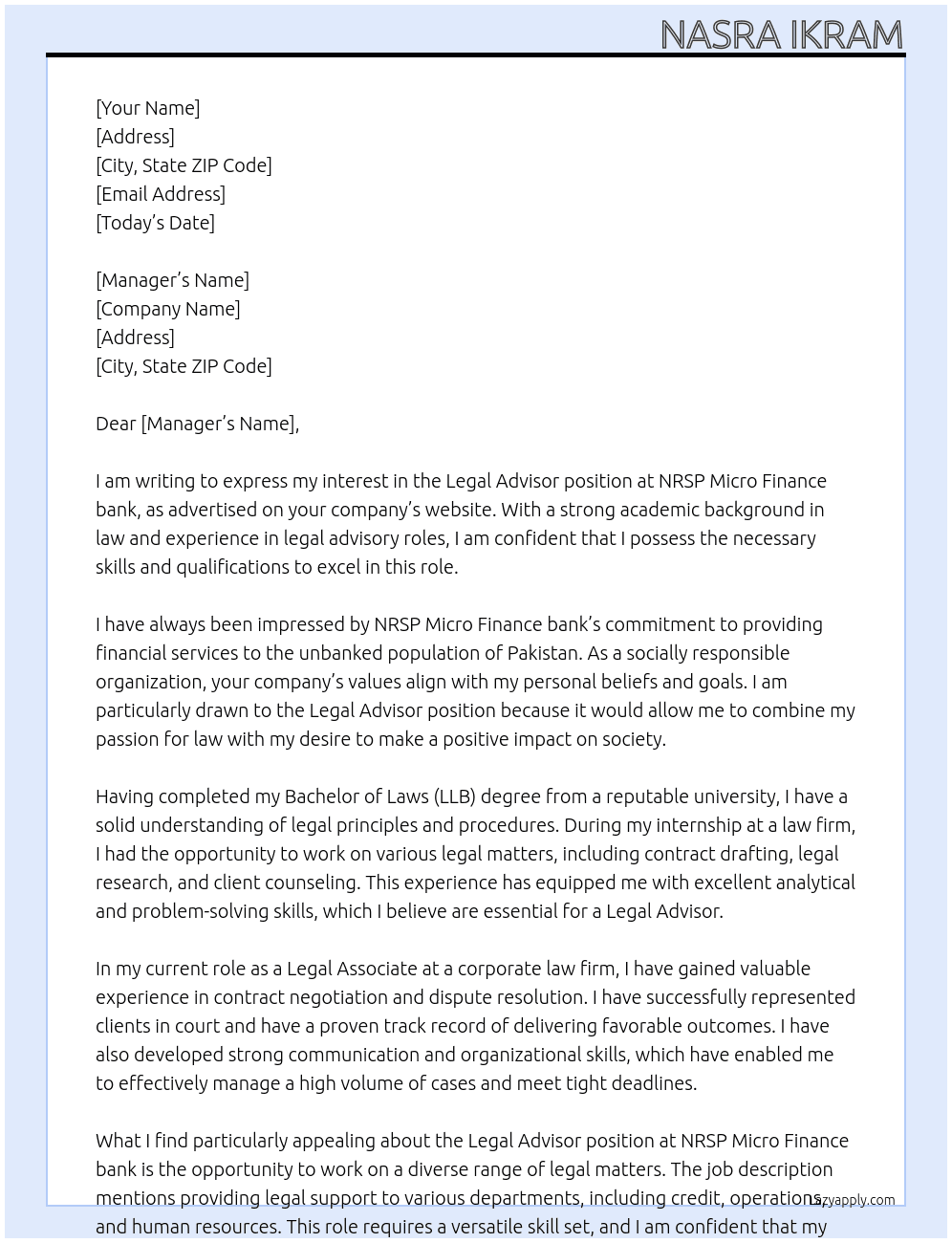 Legal advisor At NRSP Micro Finance bank Cover Letter