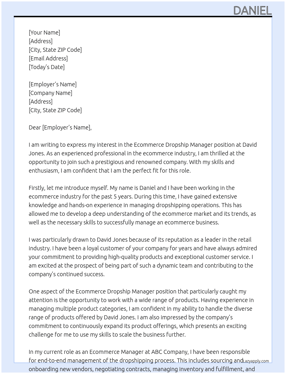 Ecommerce Dropship Manager At David Jones Cover Letter