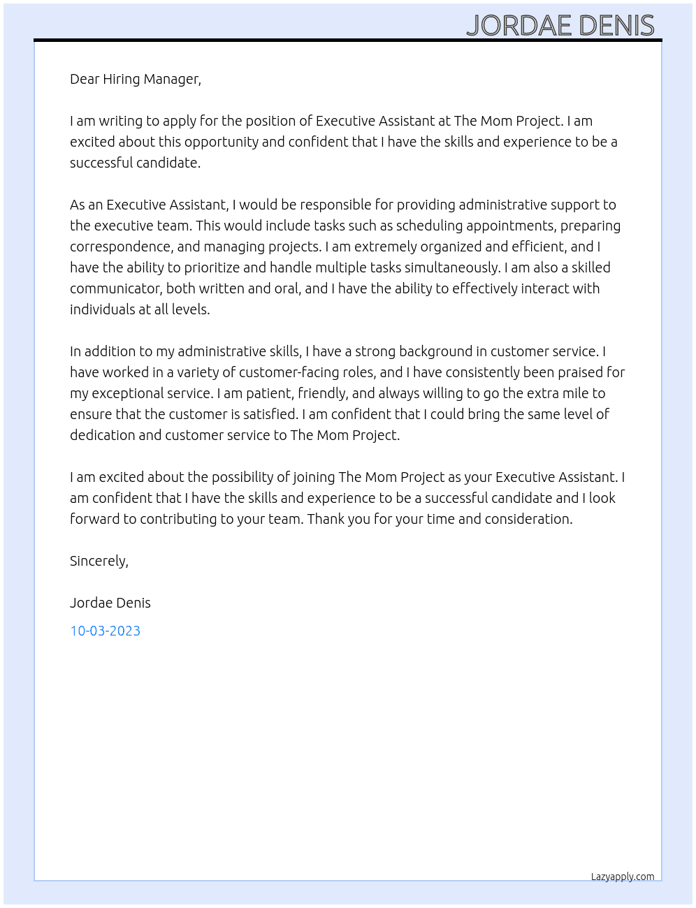 Executive assistant  At The mom project  Cover Letter