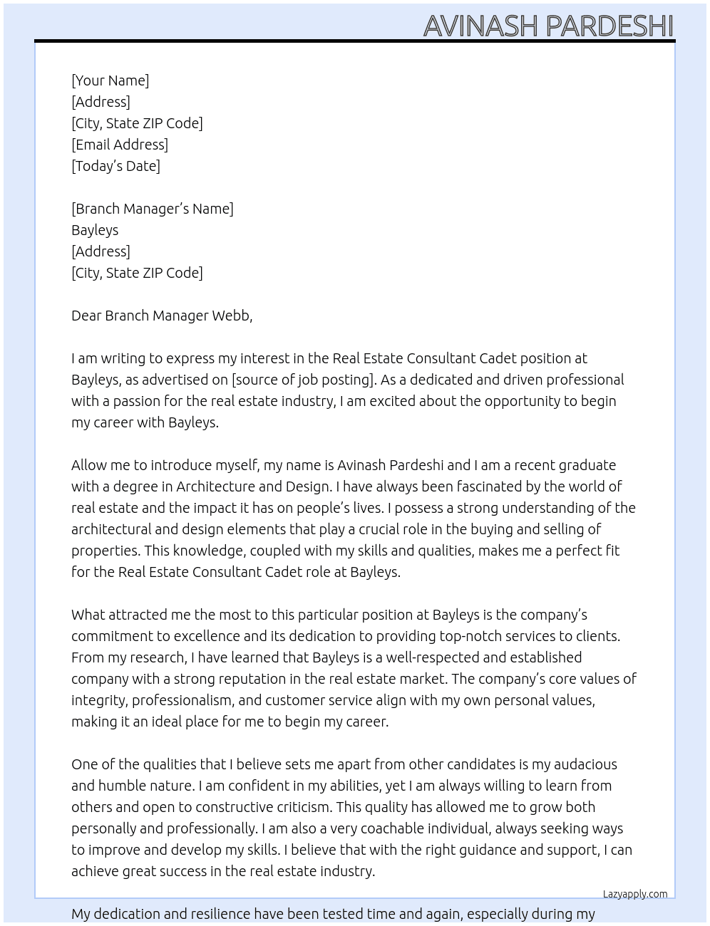 Real estate consultant Cadet At Bayleys Cover Letter