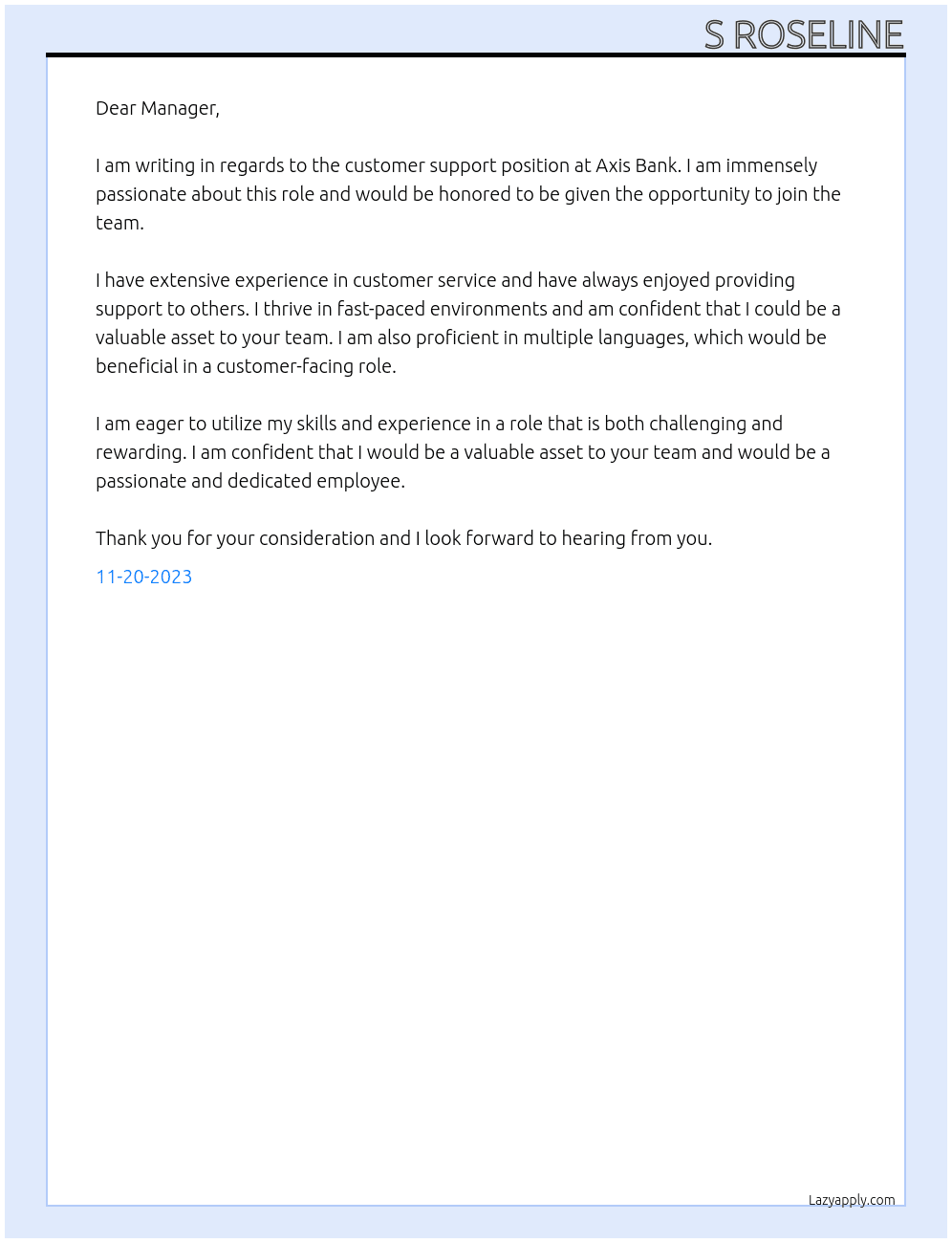 customer support At axis bank Cover Letter