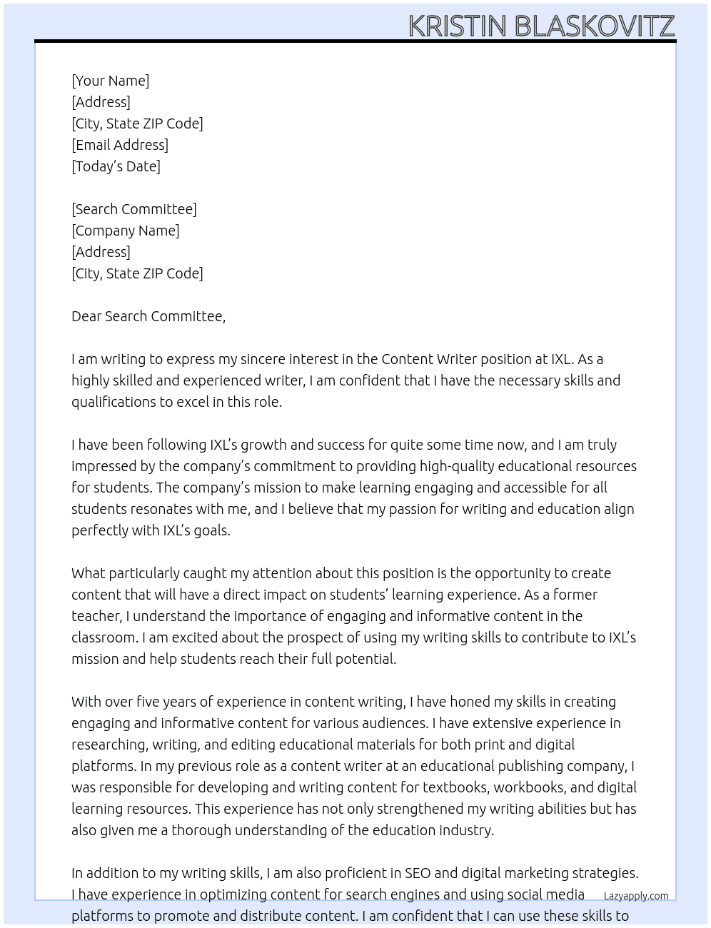 Content Writer At IXL Cover Letter