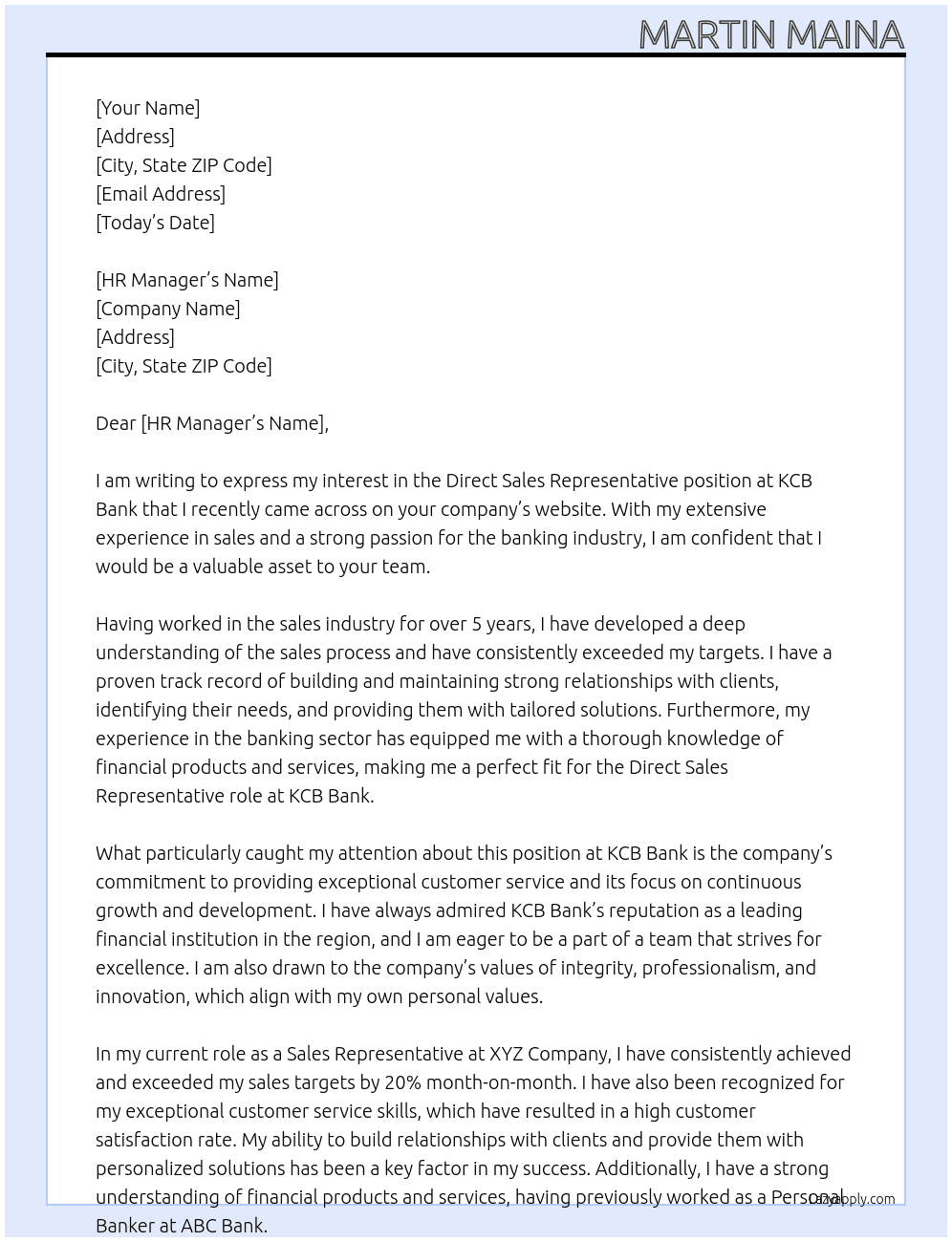 Direct Sales Reprisentative At KCB Bank Cover Letter