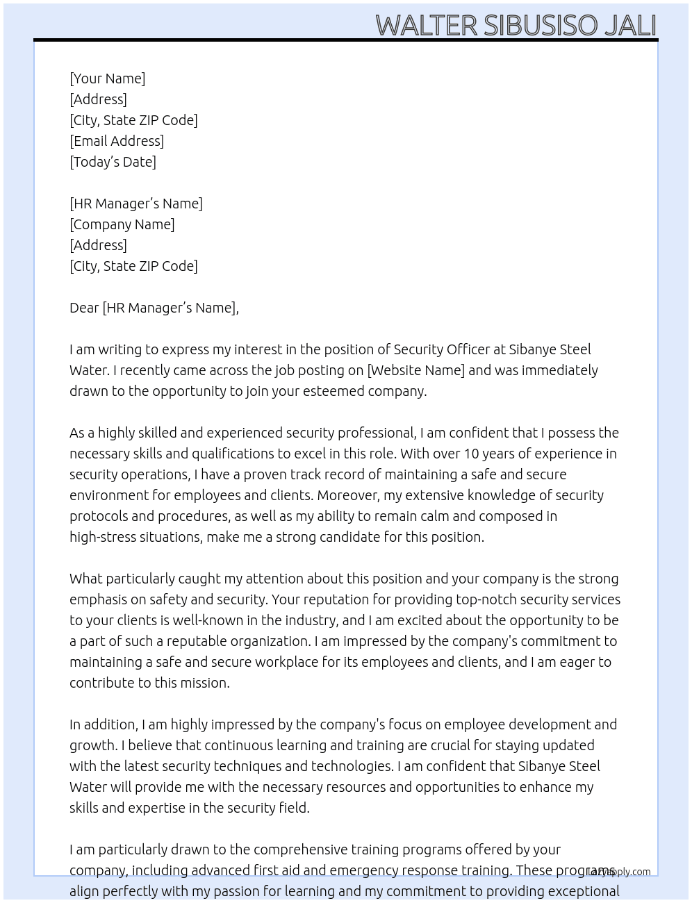 Security officer  At Sibanye steel water Cover Letter
