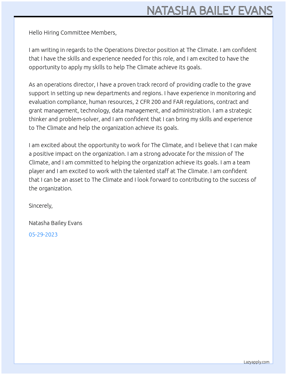 Operations Director At The Climate Cover Letter