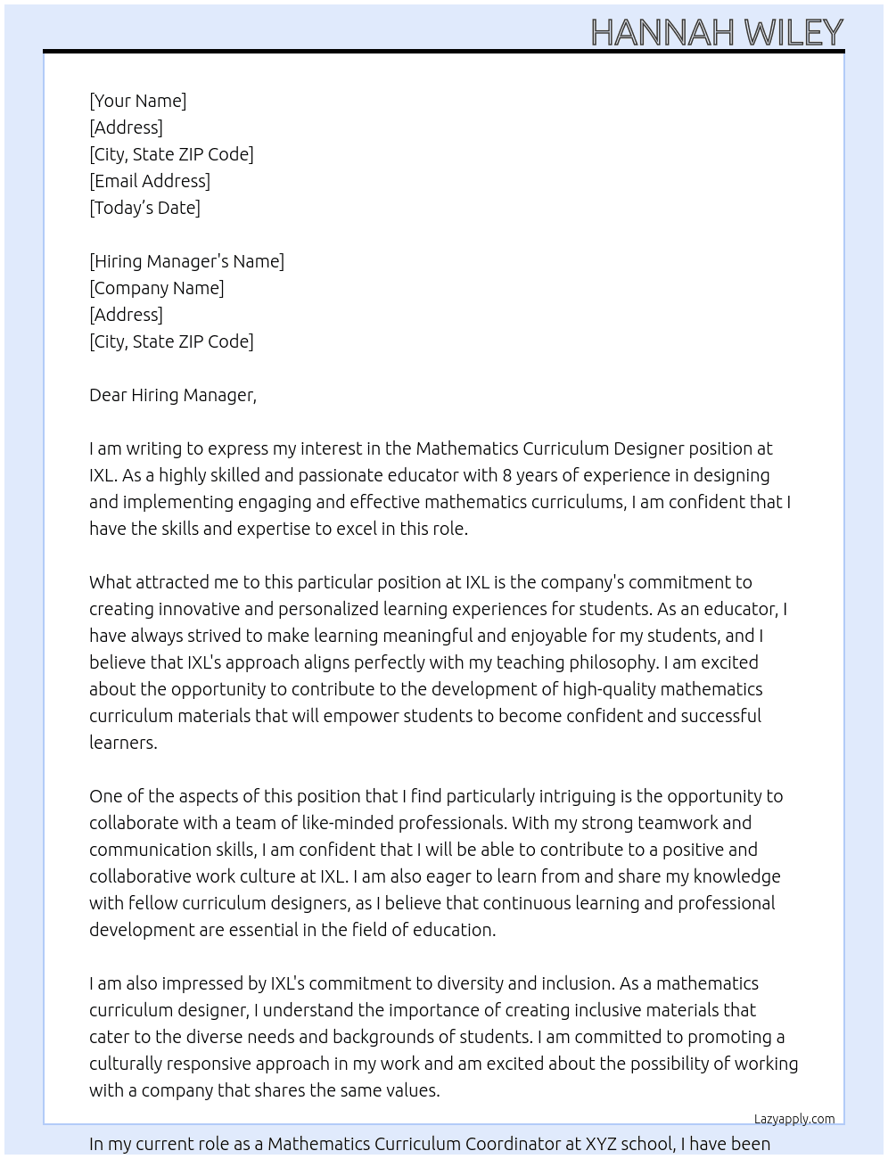 Mathematics Curriculum Designer At IXL Cover Letter