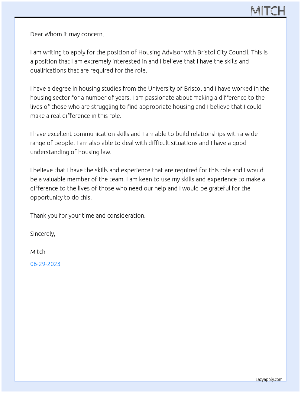 Housing Advisor At Bristol City Council Cover Letter